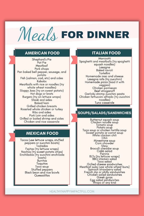 free printable pdf list of ideas for shared lunches and meals